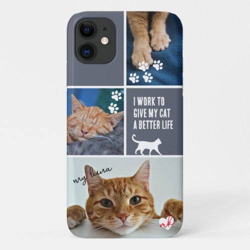 Gray Colorblock Cat Photo Collage Monogram Pet Paw iPhone 11 Case