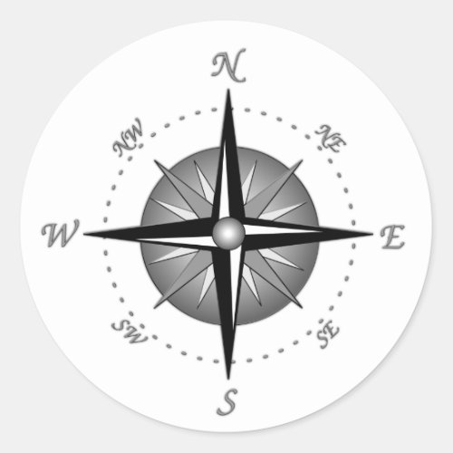 Gray Compass Rose Classic Round Sticker