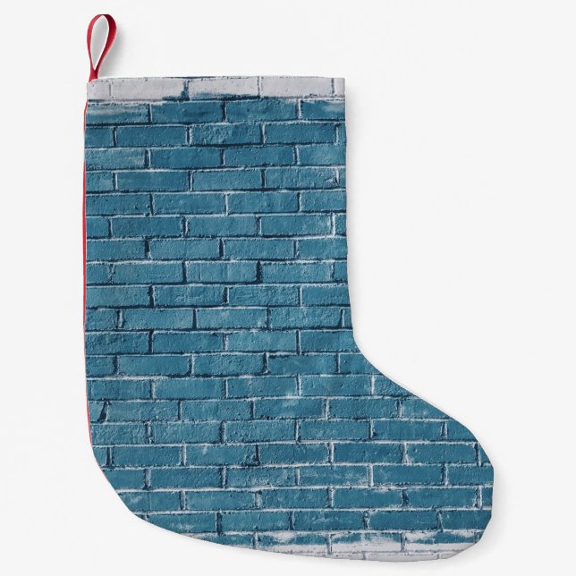 Gray concrete bricks painted in blue small christmas stocking (Front)
