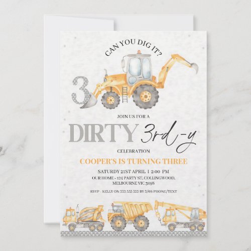 Gray Construction Dirty 3rd Birthday Boy Invitation