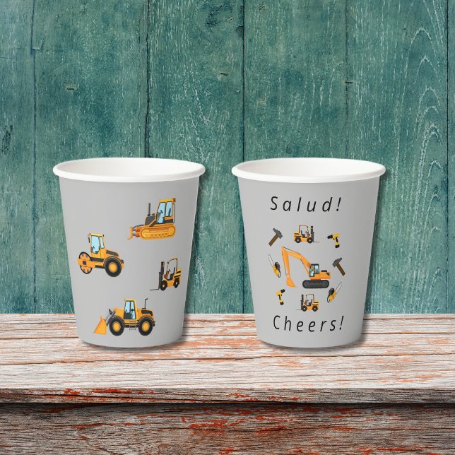 Gray Construction Themed Birthday Boy Bilingual Paper Cups (Gray paper cup construction party for boy, custom text in Spanish. Multilingual Project)