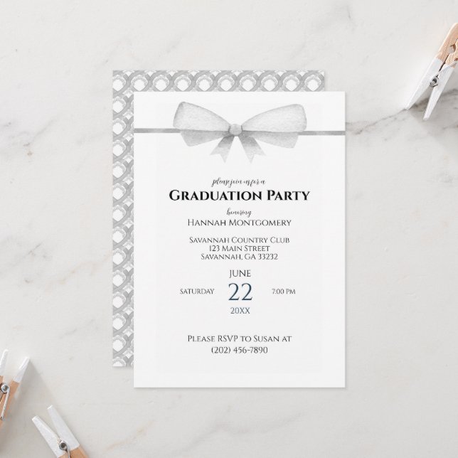 Gray Coquette Bow Graduation Invitation (Front/Back In Situ)