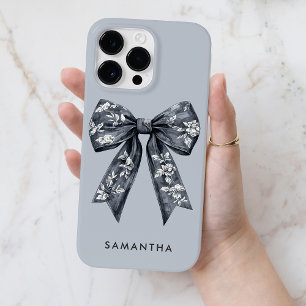 Gray Coquette Feminine Toile de Jouy Bow with Name Case-Mate iPhone 14 Pro Max Case