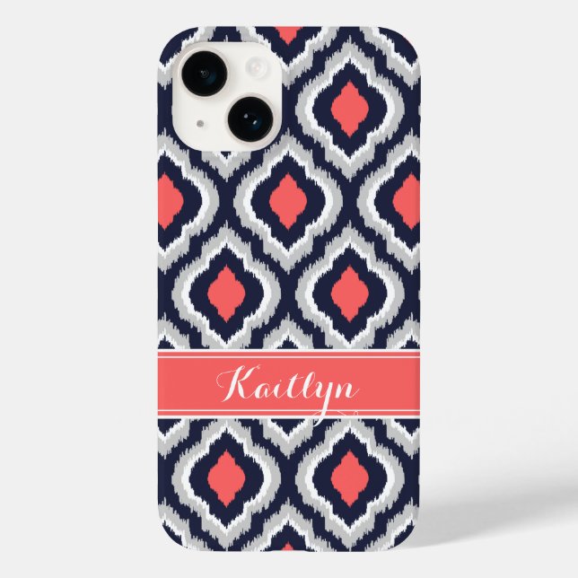 Gray Coral and Navy Ikat Moroccan Monogram Case-Mate iPhone Case (Back)