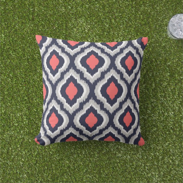 Gray Coral and Navy Ikat Moroccan Monogram Throw Pillow (Grass)