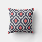 Gray Coral and Navy Ikat Moroccan Monogram Throw Pillow (Back)