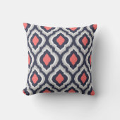 Gray Coral and Navy Ikat Moroccan Monogram Throw Pillow (Front)