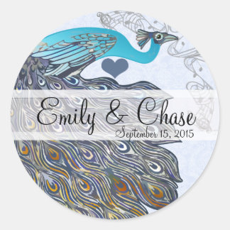 Gray Coral Aqua Peacock Feathers Wedding Classic Round Sticker