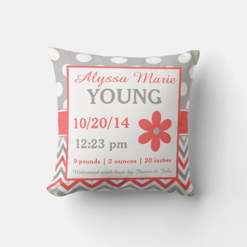 Gray Coral Chevron Dots Birth Announcement Pillow