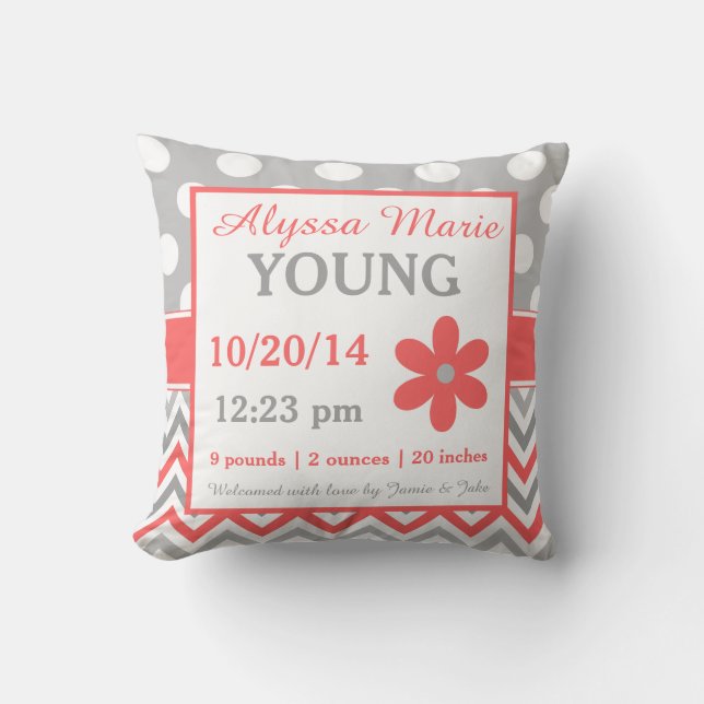 Gray Coral Chevron Dots Birth Announcement Pillow (Front)