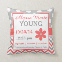 Gray Coral Chevron Dots Birth Announcement Pillow