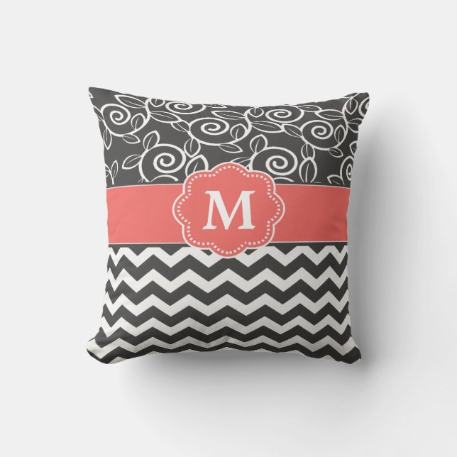 Gray Coral Chevron Monogram Throw Pillow (Front)