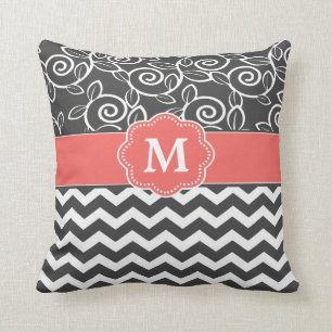 Gray Coral Chevron Monogram Throw Pillow