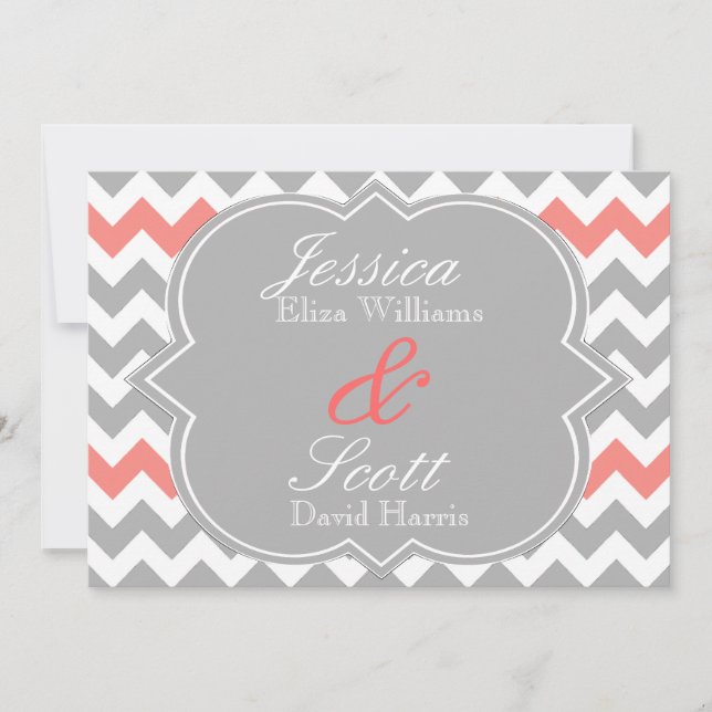 Gray Coral Chevron Wedding Invitation (Front)