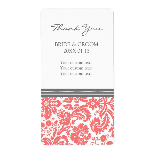 Gray Coral Damask Pattern Wedding Labels (Front)