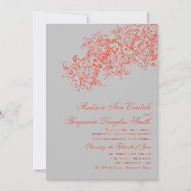 Gray Coral Elegant Flourish Wedding Invitations (Front)