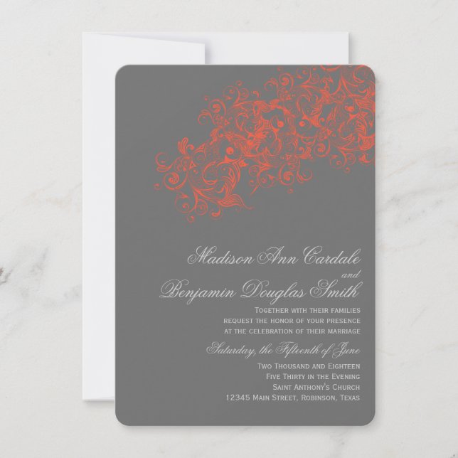 Gray Coral Elegant Flourish Wedding Invitations (Front)