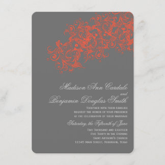Gray Coral Elegant Flourish Wedding Invitations