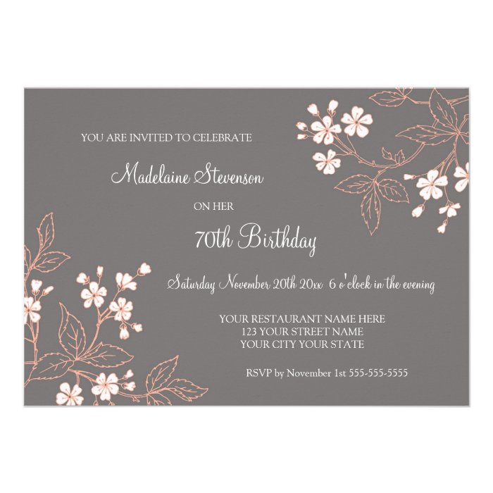 Gray Coral Floral 70th Birthday Party Invitations