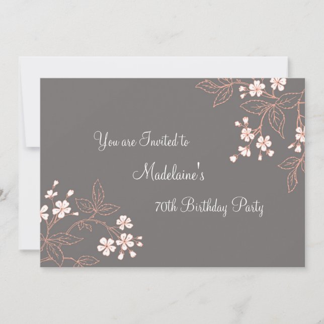 Gray Coral Floral 70th Birthday Party Invitations (Front)