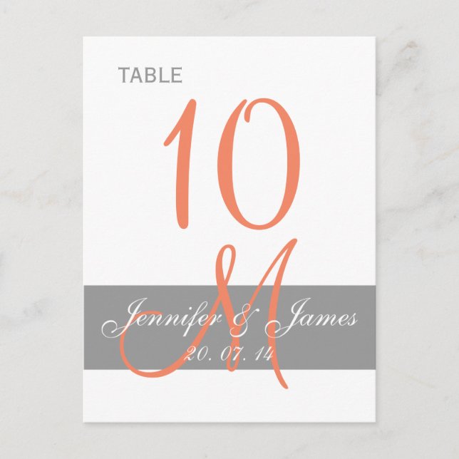 Gray Coral Monogram Wedding Table Card (Front)