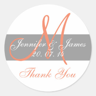Gray Coral Monogram Wedding Thank You Stickers