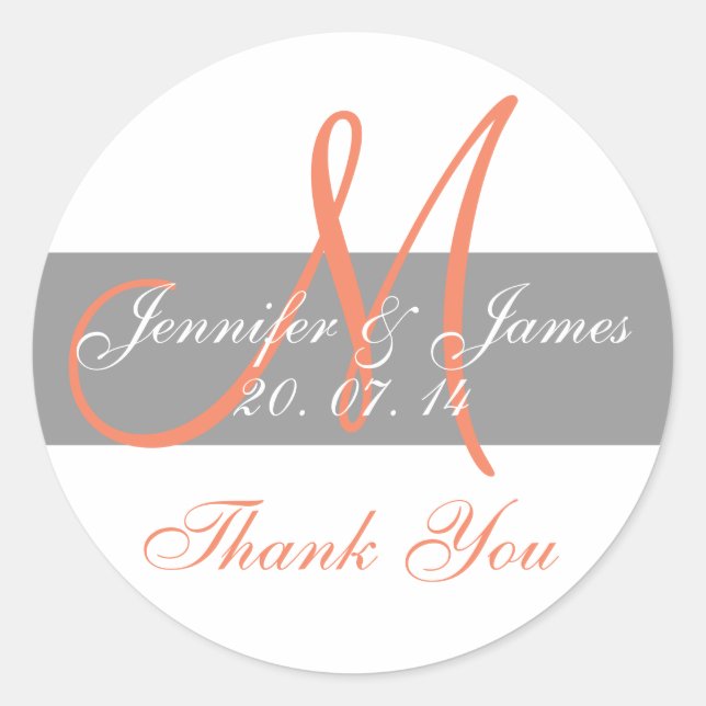 Gray Coral Monogram Wedding Thank You Stickers (Front)