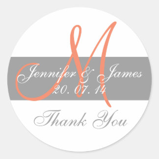 Gray Coral Monogram Wedding Thank You Stickers