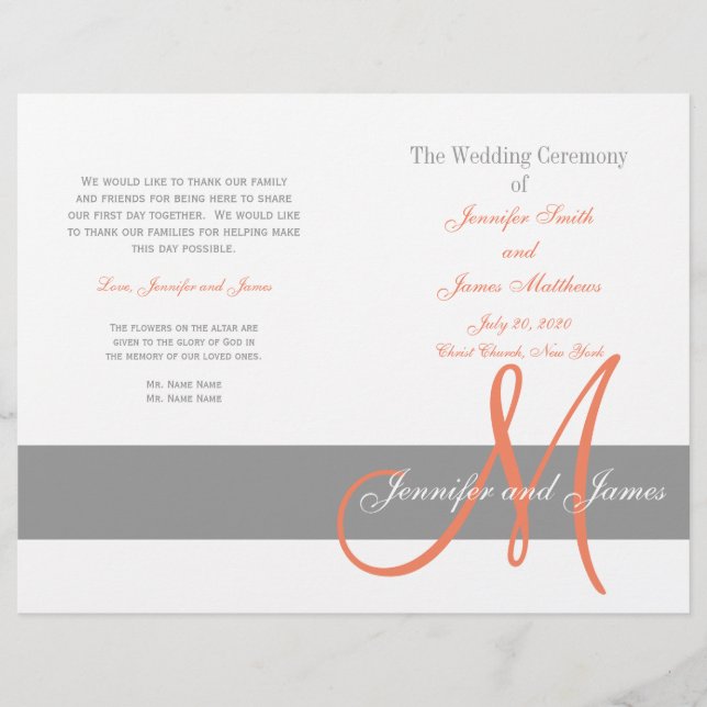 Gray Coral Wedding Program | Monogram (Front)