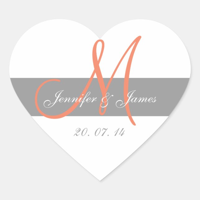 Gray CoralMonogram Names Wedding Favor Sticker (Front)