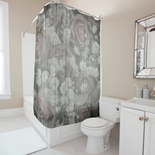 Gray Country Chic Roses Shower Curtain (In Situ)