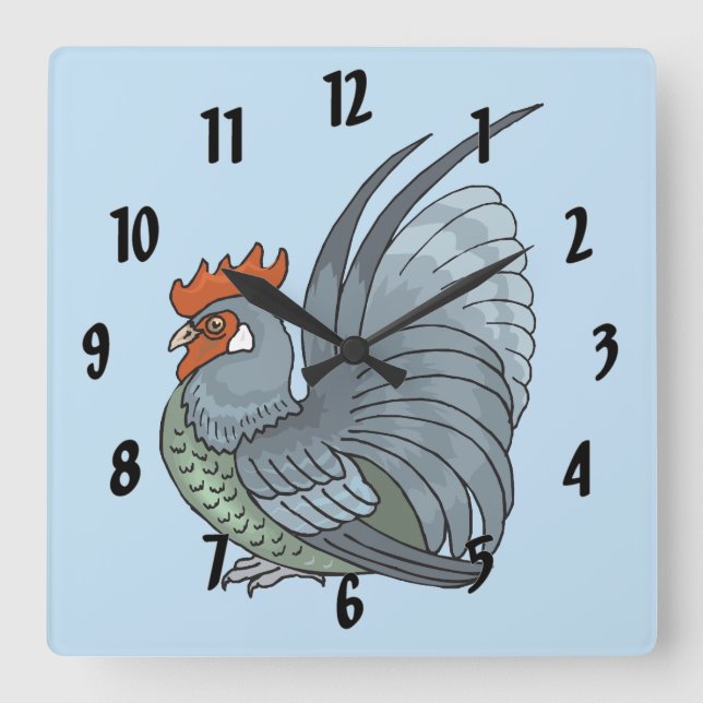 Gray Country Rooster Square Wall Clock (Front)