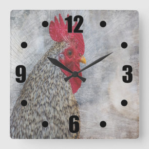Gray Country Rooster Square Wall Clock