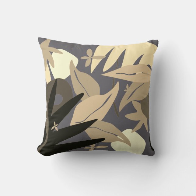 Gray & Cream Artistic Abstract Leaves Throw Pillow (Front)