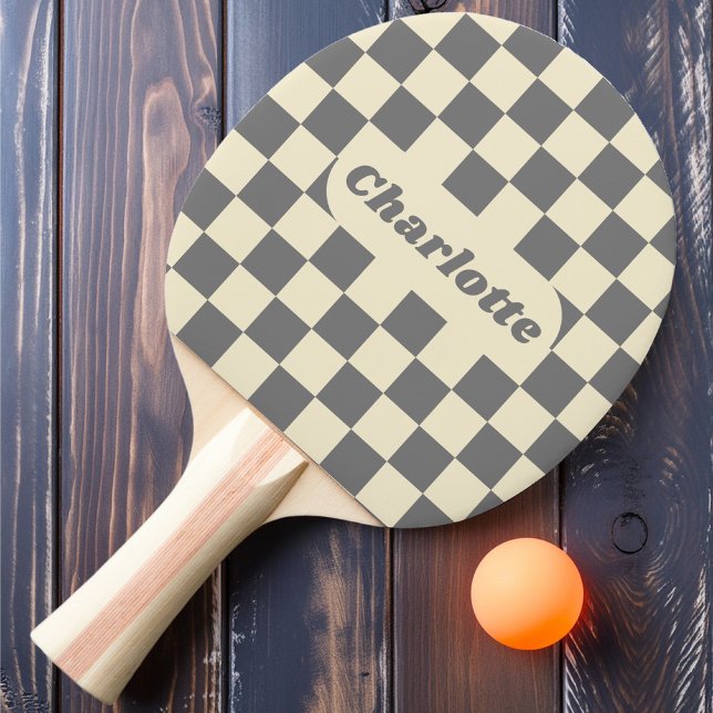 Gray & Cream Checker with Name Ping Pong Paddle (Creator Uploaded)