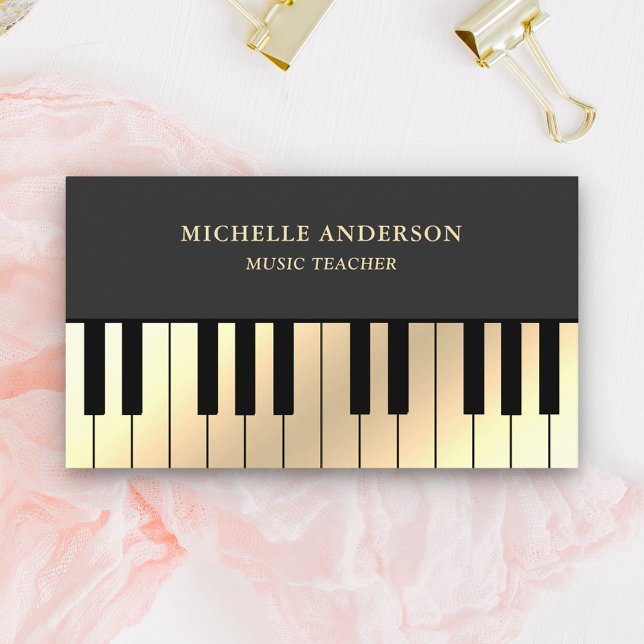 Gray Cream Gold Piano Keyboard Teacher Pianist Business Card (Creator Uploaded)