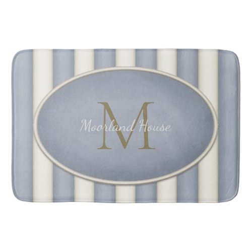 Gray  Cream Stripes Bronze Monogram Bath Mat