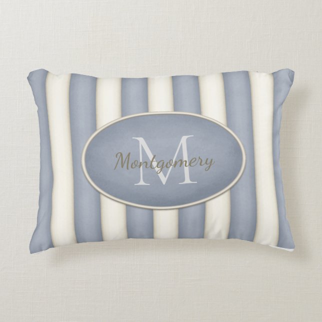 Gray & Cream Stripes Oval Framed Monogram Accent Pillow (Front)