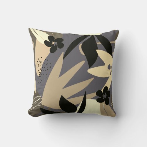 Gray Cream Tan  Black Artistic Abstract Leaves Throw Pillow