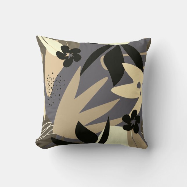 Gray Cream Tan & Black Artistic Abstract Leaves Throw Pillow (Front)
