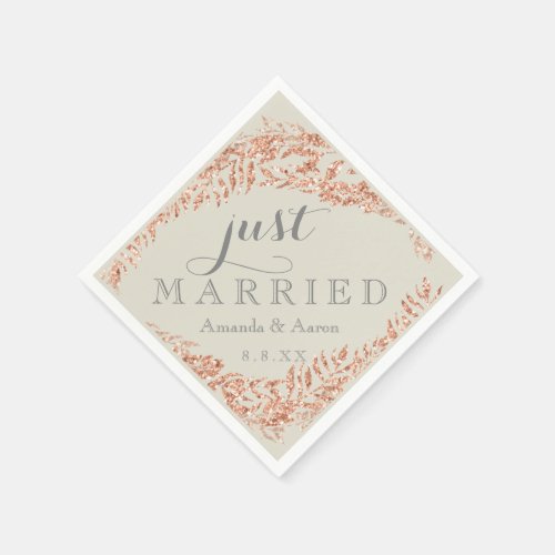 Gray Creamy Floral Rose Gold Just Married Napkins