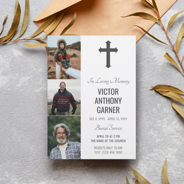 Gray Cross 3 Photos White Burial Service Invitation (Creator Uploaded)