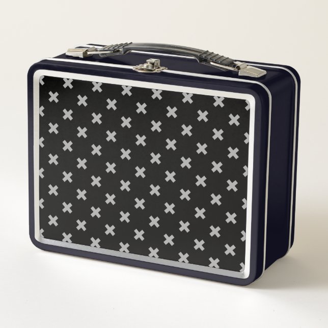 Gray cross stitches on black metal lunch box (Front)