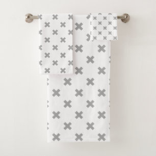 Gray cross stitches on white bath towel set