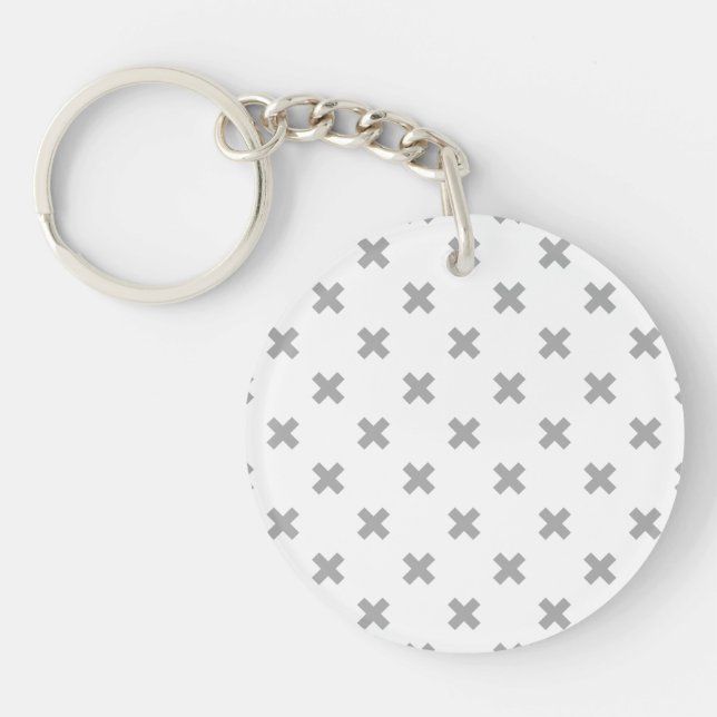 Gray cross stitches on white keychain (Front)