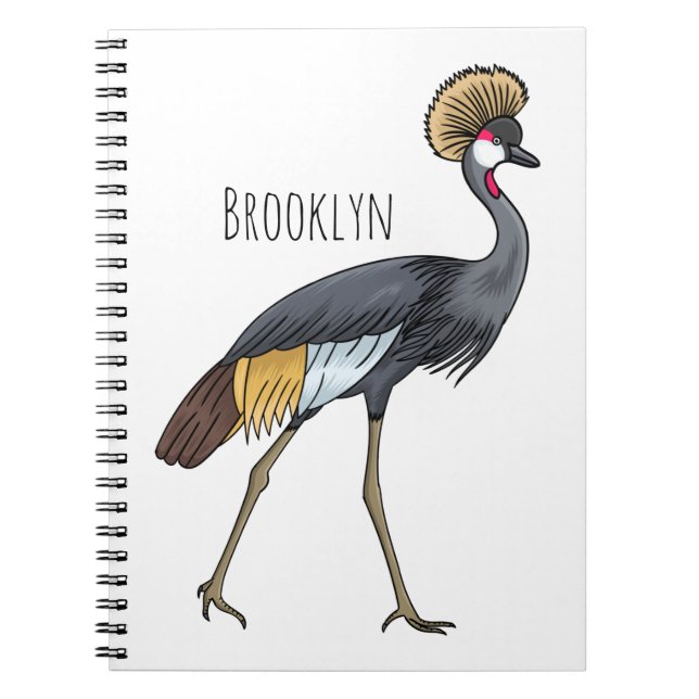 Gray crowned crane bird cartoon illustration notebook (Front)