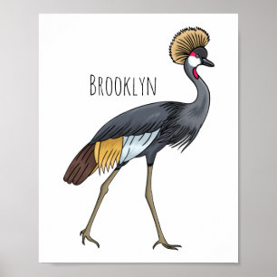 Gray crowned crane bird cartoon illustration poster