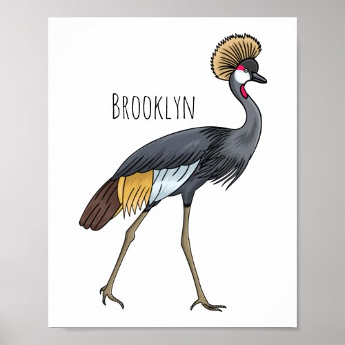 Gray crowned crane bird cartoon illustration  poster