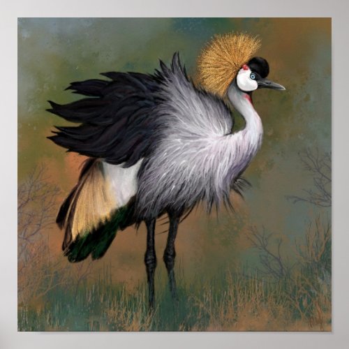 Gray Crowned Crane Bird Poster Painting