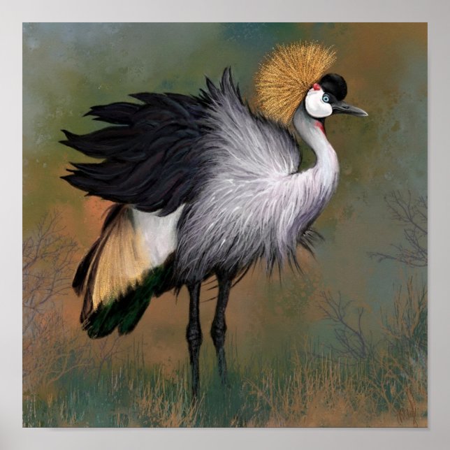 Gray Crowned Crane Bird Poster Painting (Front)